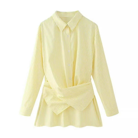 HongQid Women's Striped Tie Front Long Sleeve Blouse Button Down Elegant Dressy Tops Shirt