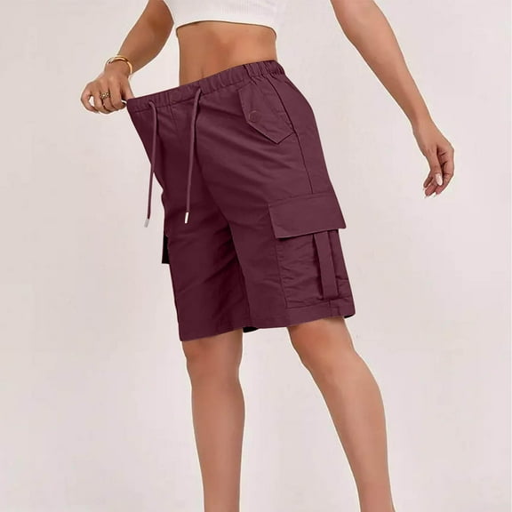 HongQid Women's Summer Casual Cargo Shorts Elastic Waist Drawstring Hiking Bermuda Shorts with Pockets