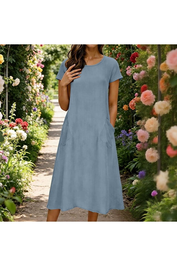 Women's Summer Casual Short Sleeve Cotton Linen A Line Flowy Sun Dress Maxi Tunic Tank Beach Dress with Pocket