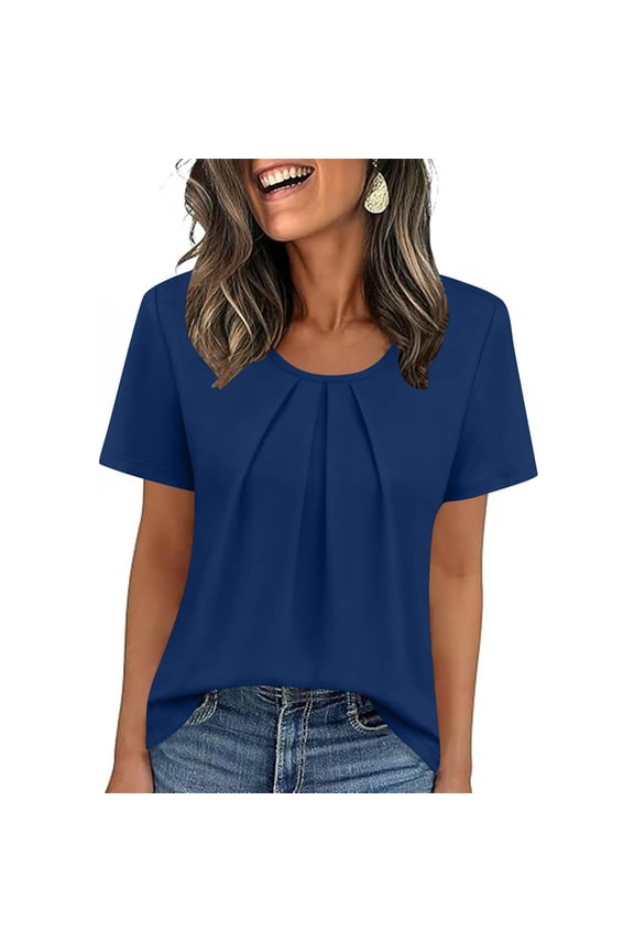 Women's Summer Tunic Tops Short Sleeve Floral Boho Casual T Shirts Pleated Crewneck Flowy Relax Fit Soft Blouses
