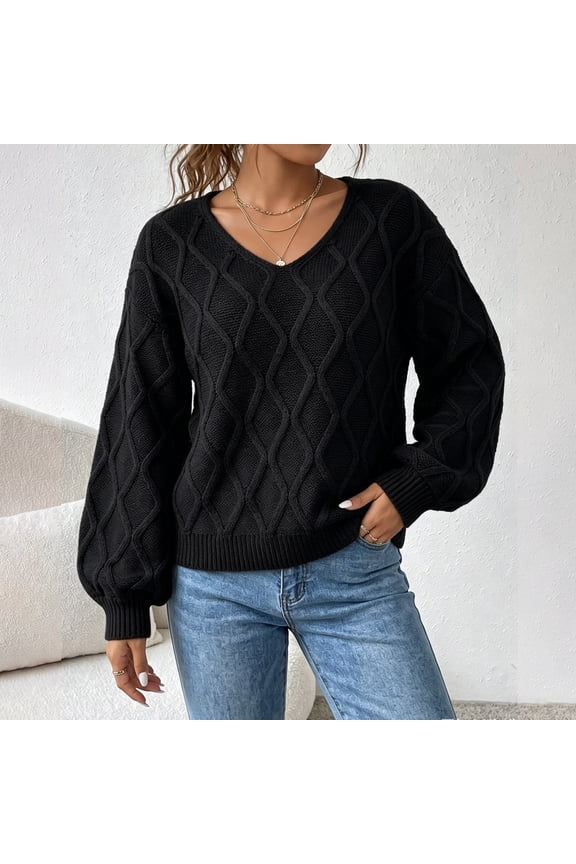 Women's Sweater Cable Diamond Hollow V Neck Oversized Loose Spring Fall Casual Pullover Knit Clothes Trendy Knitted Long Seeve Tops