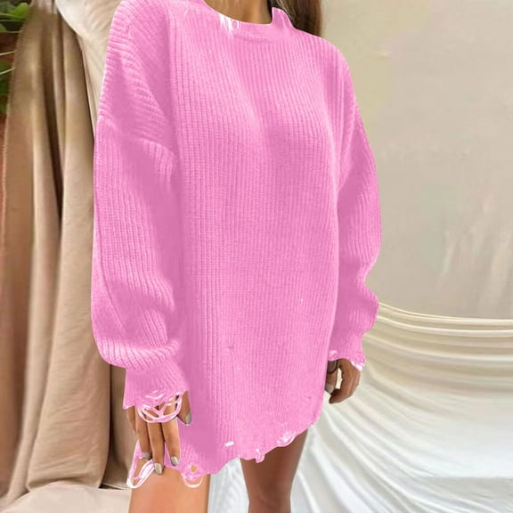 HongQid Women's Sweater Dress Spring Trendy Ribbed Knit Solid Long Sleeve Mini Dresses