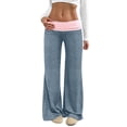 thumbnail image 1 of HongQid Women's Sweatpants Color Block Low Rise Fold Over Waist Baggy Wide Leg Pants, 1 of 3