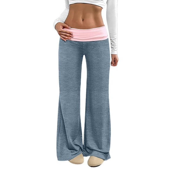 HongQid Women's Sweatpants Color Block Low Rise Fold Over Waist Baggy Wide Leg Pants
