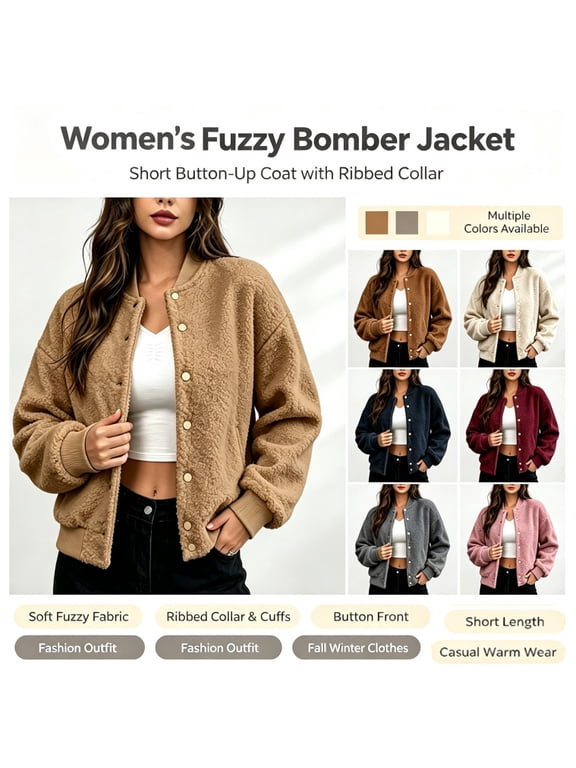 Women's Teddy Fleece Bomber Jacket, Long Sleeve Snap Button Cropped Outer Coat with Ribbed Cuffs, Soft Fuzzy Sherpa, Stand Collar Design, Fall Winter Fashion, Casual Outerwear Outfits
