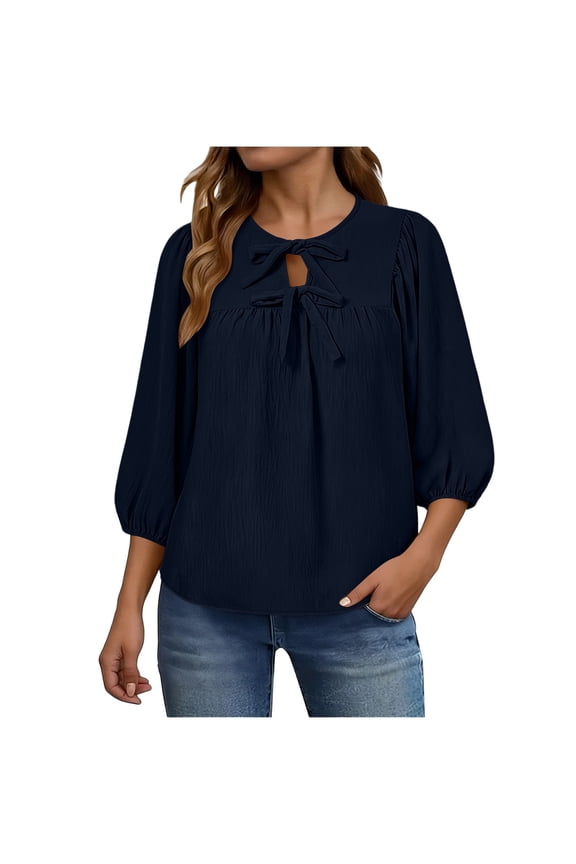Women's Tie Neck Puff Sleeve Blouse Loose Fit 3/4 Sleeve Casual Tunic Top Dressy Daily Wear