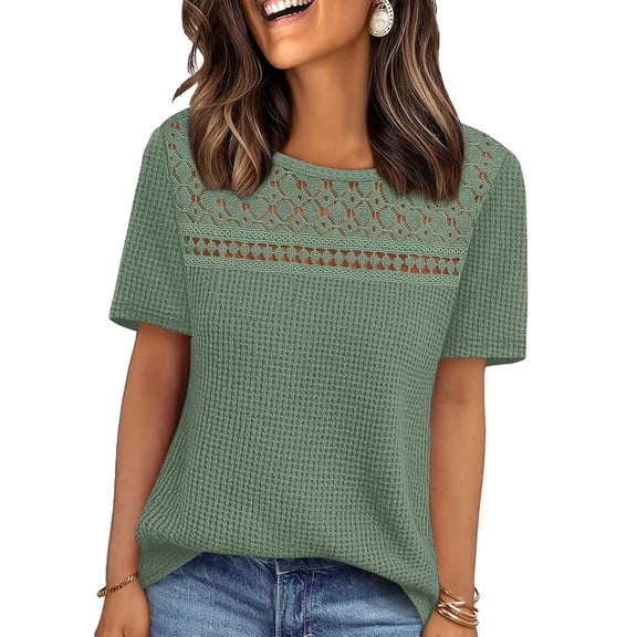HongQid Women's Tops Casual Round Neck Short Sleeve Waffle Knit Hollow Out Shirts Loose Tunic Tops Blouses