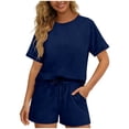 thumbnail image 1 of HongQid Women's Tracksuit Washed French Terry 2-Piece Outfit, Short Sleeve Sweatshirt & Drawstring Shorts Set, Soft Casual Loungewear Summer, Two Piece Outfit Set, 1 of 6
