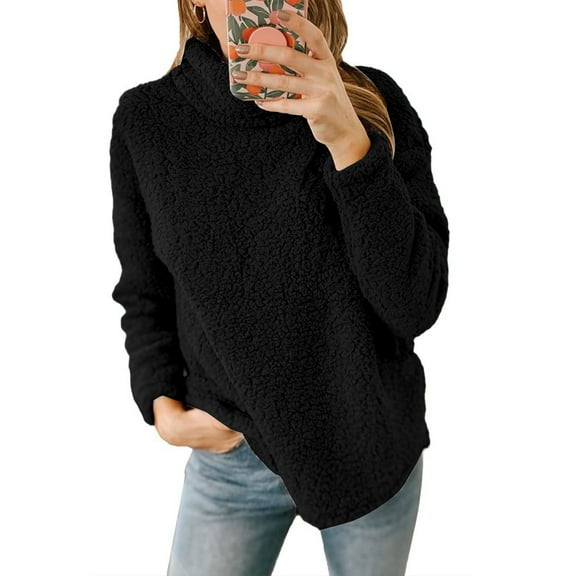 HongQid Women's Turtleneck Fuzzy Fleece Sweatshirt Sherpa Warm Long Sleeve Pullover Jumper Tops