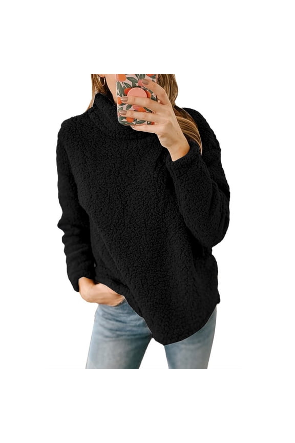 Women's Turtleneck Fuzzy Fleece Sweatshirt Sherpa Warm Long Sleeve Pullover Jumper Tops