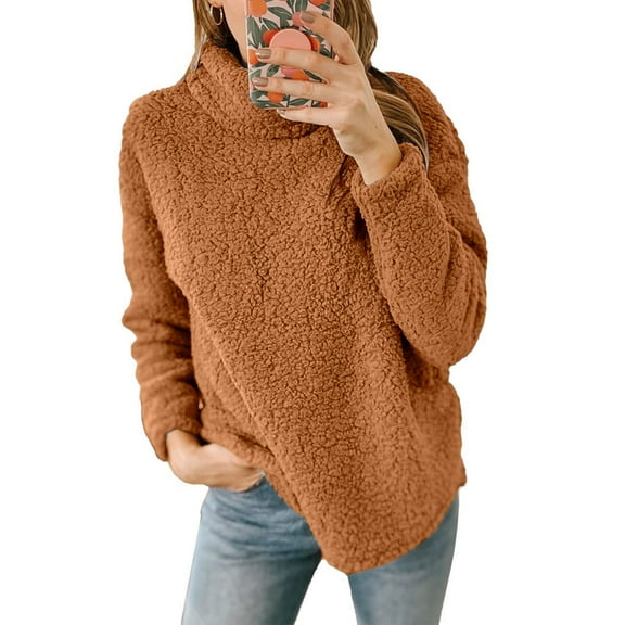 HongQid Women's Turtleneck Fuzzy Fleece Sweatshirt Sherpa Warm Long Sleeve Pullover Jumper Tops
