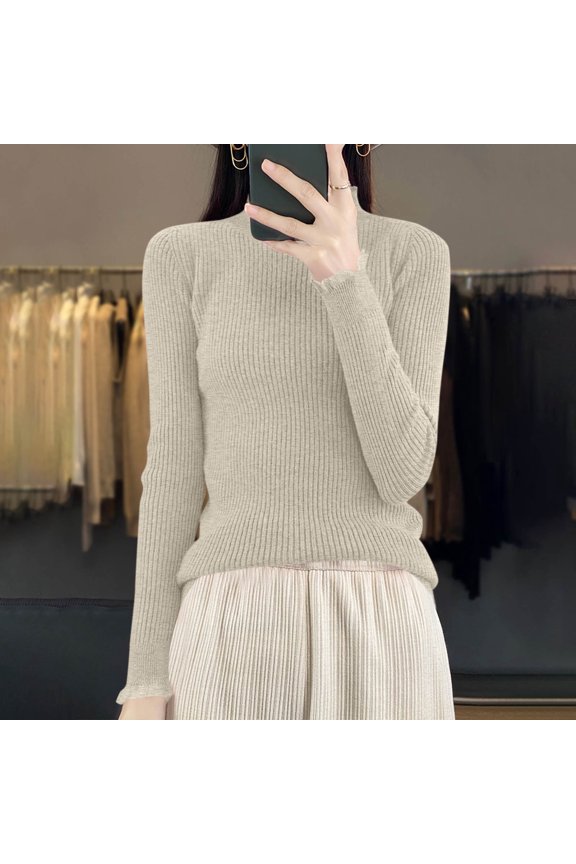 Women's Turtleneck Top Ruffle Cuff Vertical Rib Stretch Knit Slim Fitted Long Sleeve Spring Fall Fashion Layering Base Clothes