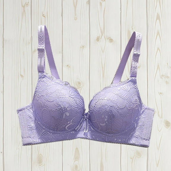 HongQid Women's Underwire Bra Lace Push-Up Everyday Unlined Bras Purple M