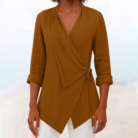 HongQid Women's V Neck Casual Work Tops 3/4 Sleeve Office Dressy Blouse Asymmetrical Elegant Cotton Linen Shirts