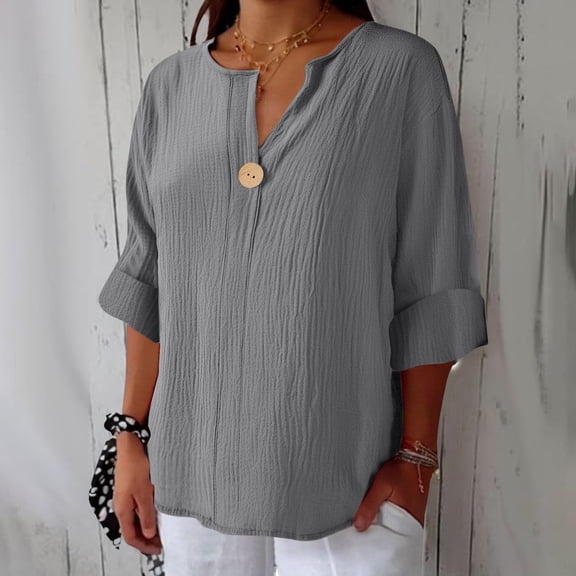 HongQid Women's V-Neck Cotton Linen Shirt Top 3/4 Roll-Up Sleeve Summer Casual Loose Solid Blouses Tunic Tops with Button