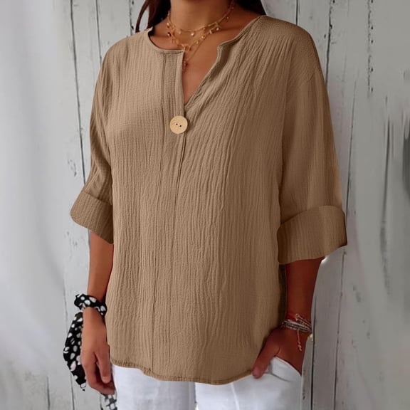 HongQid Women's V-Neck Cotton Linen Shirt Top 3/4 Roll-Up Sleeve Summer Casual Loose Solid Blouses Tunic Tops with Button