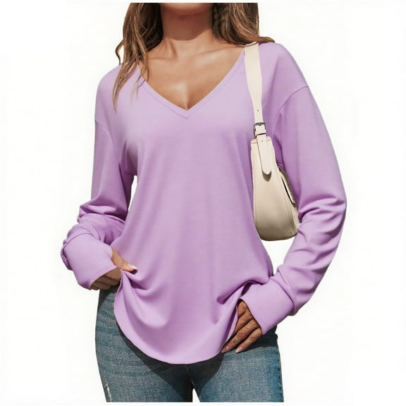 HongQid Women's V Neck Long Sleeve T Shirts Casual Color Block/Solid Tunic Tops Basic Tees for Fall Spring