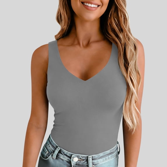 HongQid Women's V-Neck Sleeveless Fitted Tank Top – Basic Solid Color Slim Fit Cami, Stretchy Casual Layering Top for Summer,Gray M