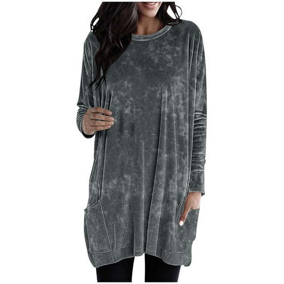 HongQid Women's Velour Long Sleeve Tops Soft Warm Velvet Pullover with Side Pockets