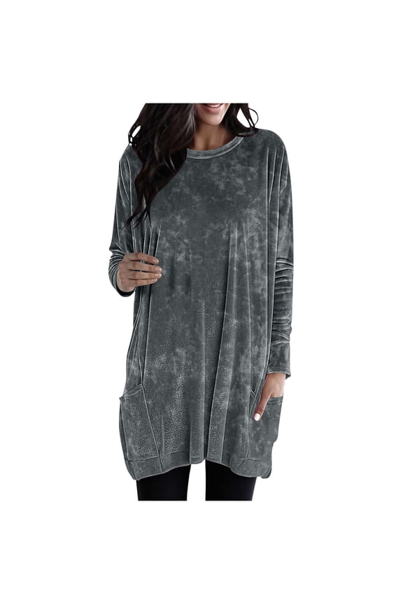 Women's Velour Long Sleeve Tops Soft Warm Velvet Pullover with Side Pockets