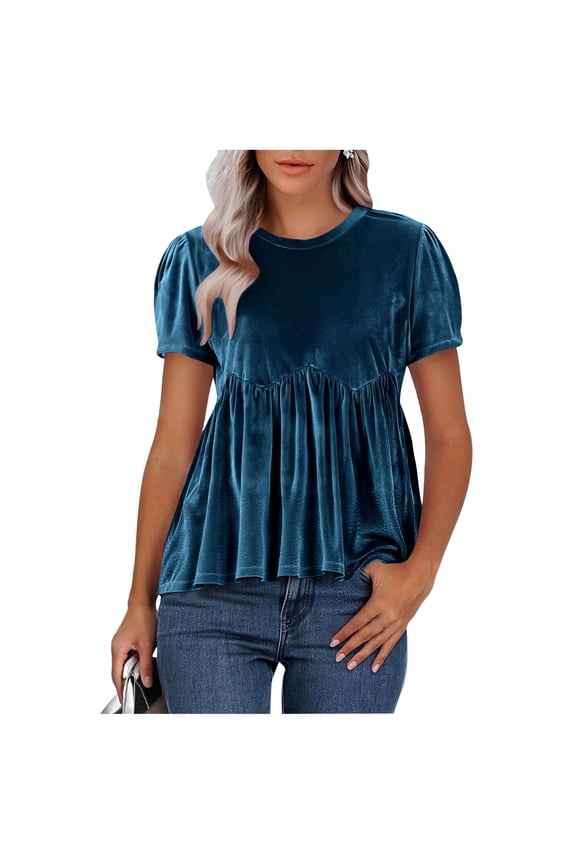 Women's Velvet Blouse Casual Round Neck Short Sleeve Flared Swing Top Elegant Loose Intricate Back Design