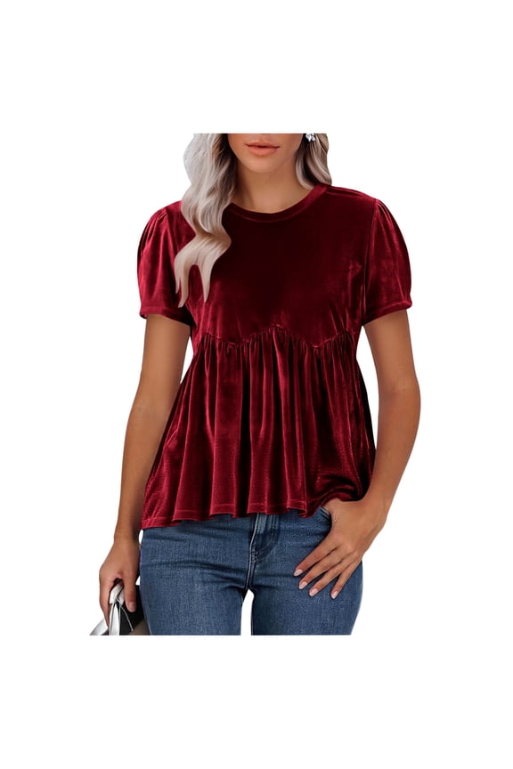 Women's Velvet Blouse Casual Round Neck Short Sleeve Flared Swing Top Elegant Loose Intricate Back Design