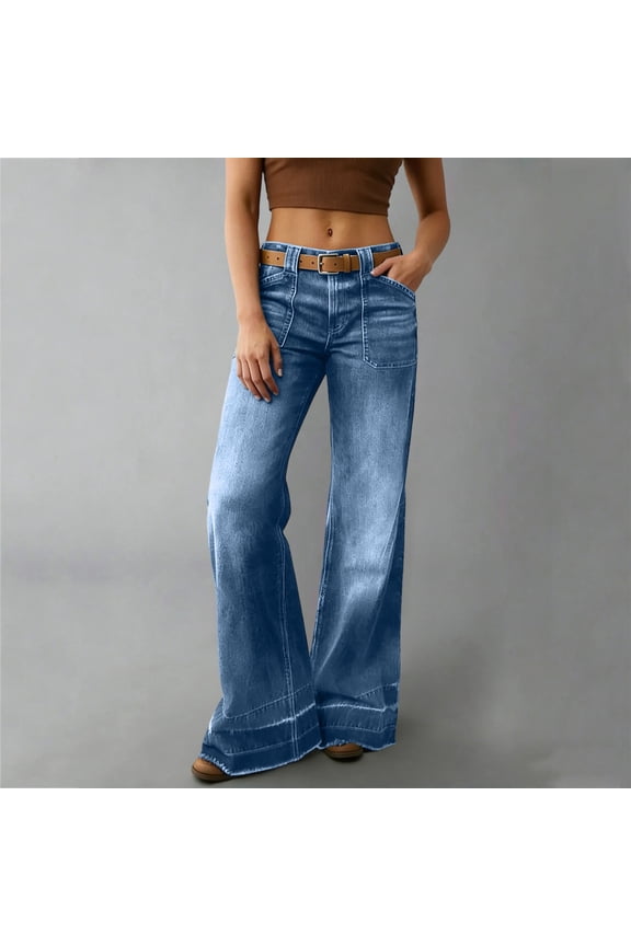Women's Wide Leg Jeans Low Waisted Stretchy Straight Leg Jeans Trendy Seamed Front Loose Denim Pants(no belt)