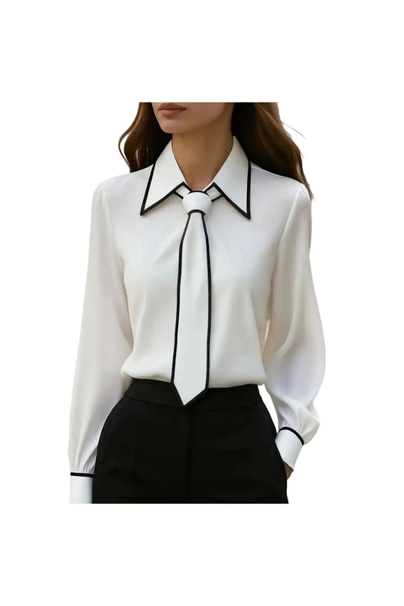Women's Work Blouse Tie Neck Long Sleeve Shirts Button Down Elegant Office Business Top