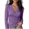 thumbnail image 1 of HongQid Women's Wrap V Neck Long Sleeve Top Front Twisted Ruched Detail Soft Stretchy Body Hugging Cut Casual Outfit for Spring Fall Fashion Basic Layering Blouse Tee Shirt, 1 of 6