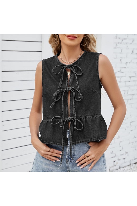 Women's Y2k Tie Front Denim Vest V Neck Ruffle Hem Sleeveless Peplum Jean Tops Shirt