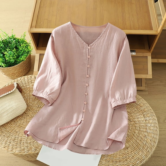 HongQid Womens 3/4 Sleeve Button Down Cotton Linen Shirt Blouse Loose Fit Casual Summer V-Neck Tops