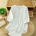 thumbnail image 1 of HongQid Womens 3/4 Sleeve Button Down Cotton Linen Shirt Blouse Loose Fit Casual Summer V-Neck Tops, 1 of 6