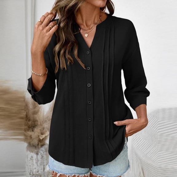 HongQid Womens 3/4 Sleeve Button Down Shirts Cotton Linen Roll Up Short Sleeve Tops V Neck Casual Loose Fit Blouses