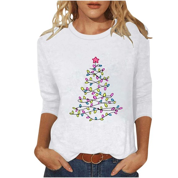 HongQid Womens 3/4 Sleeve Crew Neck T Shirt Christmas Tree Print Casual Cute Tee Top Soft Breathable Wear Fall Spring Holiday Season Fashion Blouse Casual Pullover