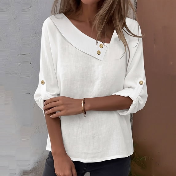HongQid Womens 3/4 Sleeve Shirts Cotton Linen Roll Up Long Sleeve Asymmetry Collared Tops Casual Loose Fit Blouses