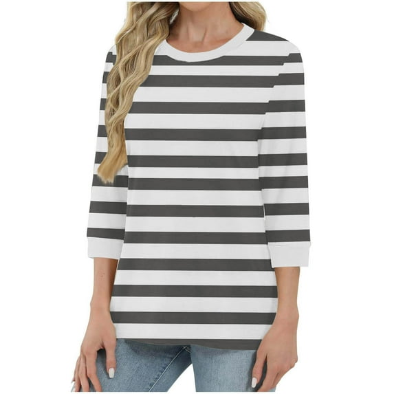 HongQid Womens 3/4 Sleeve Striped Crewneck T-Shirts Color Block Short Sleeve Tops Casual Basic Tee
