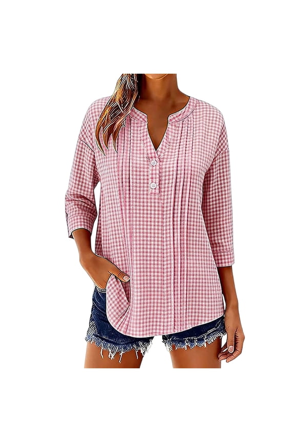 Womens 3/4 Sleeve Tops Cotton Linen Button Down Shirts Checked Print V Neck Pleated Casual Loose Blouses Roll Up Sleeve Shirt
