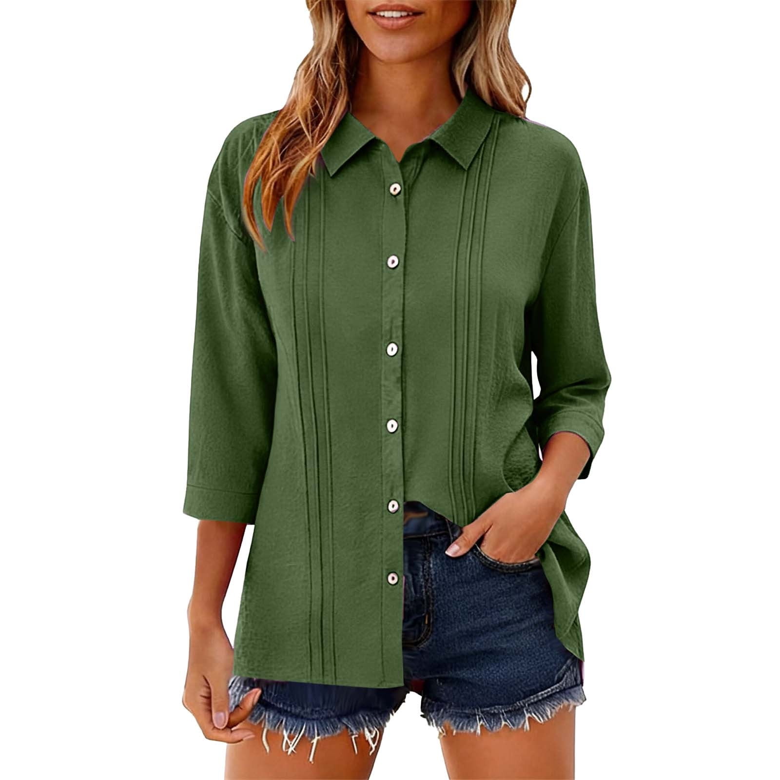 HongQid Womens 3/4 Sleeve Tops Cotton Linen Button Down Shirts Collared ...