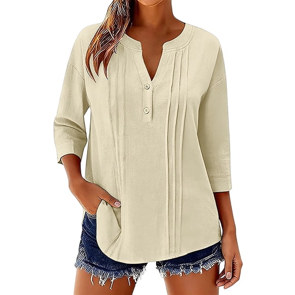 HongQid Womens 3/4 Sleeve Tops Cotton Linen Button Down Shirts V Neck Pleated Casual Loose Blouses Roll Up Sleeve Shirt