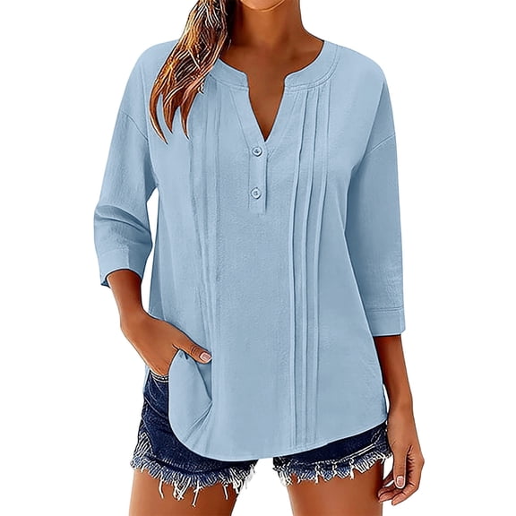 HongQid Womens 3/4 Sleeve Tops Cotton Linen Button Down Shirts V Neck Pleated Casual Loose Blouses Roll Up Sleeve Shirt
