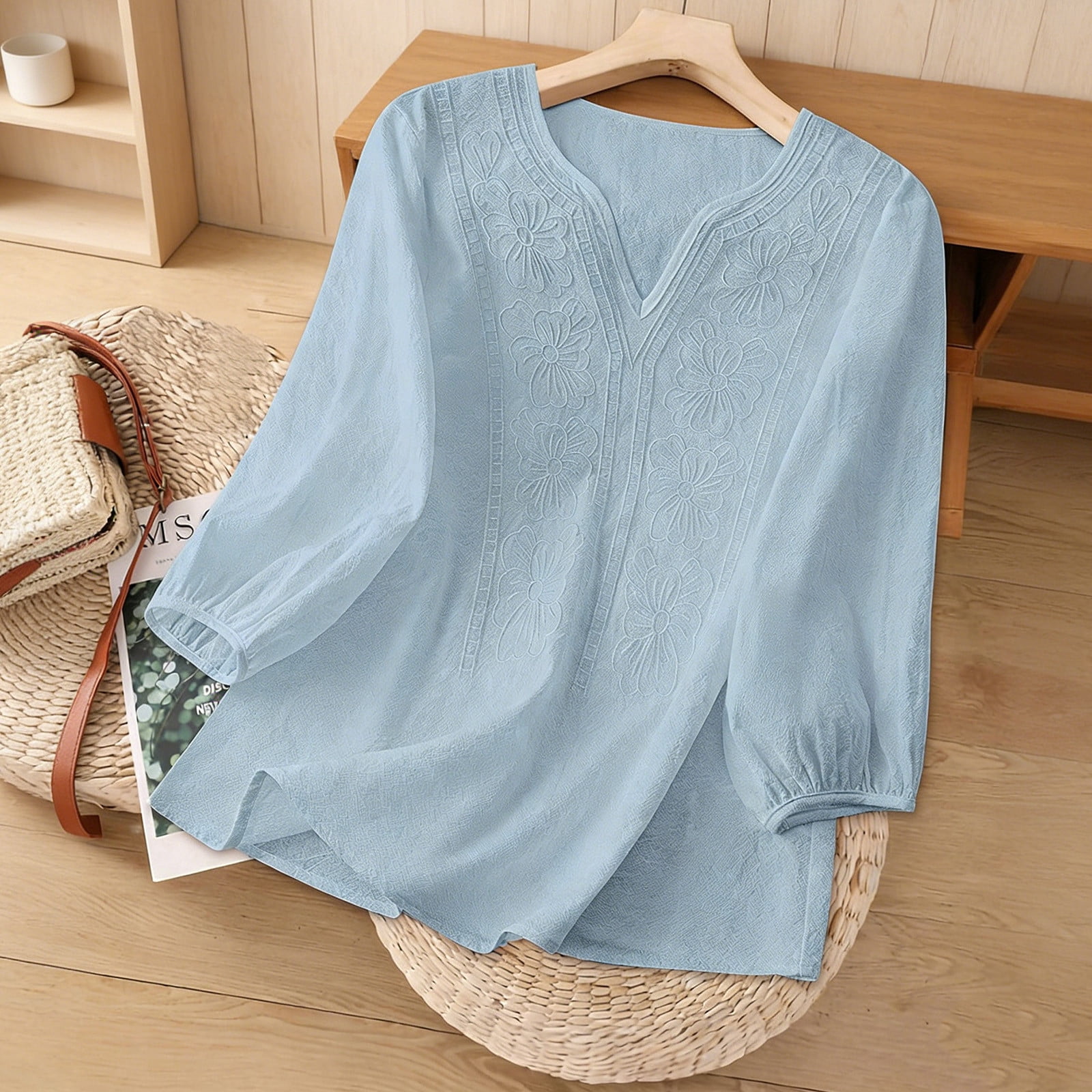 HongQid Womens 3/4 Sleeve Tops Cotton Linen Shirts V Neck Embroidery ...