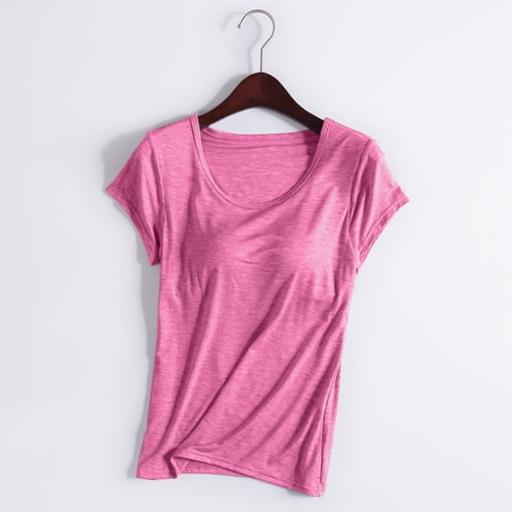HongQid Womens Basic Short Sleeve T Shirt With Built In Bra Soft Casual Cotton Tops For Everyday Wear