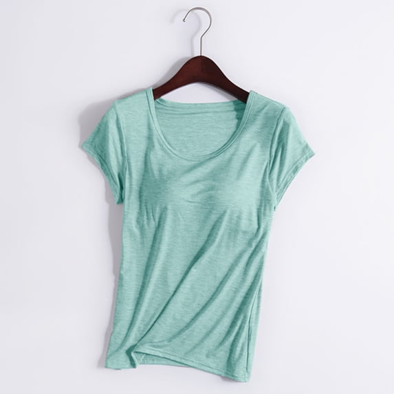 HongQid Womens Basic Short Sleeve T Shirt With Built In Bra Soft Casual Cotton Tops For Everyday Wear