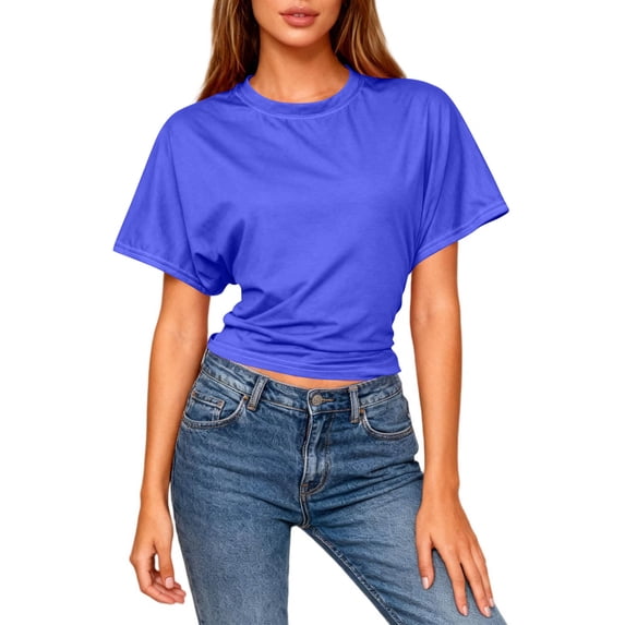 HongQid Womens Batwing Short Sleeve T Shirts Summer Casual Backless Crew Neck Tops Loose Fit Basic Tees