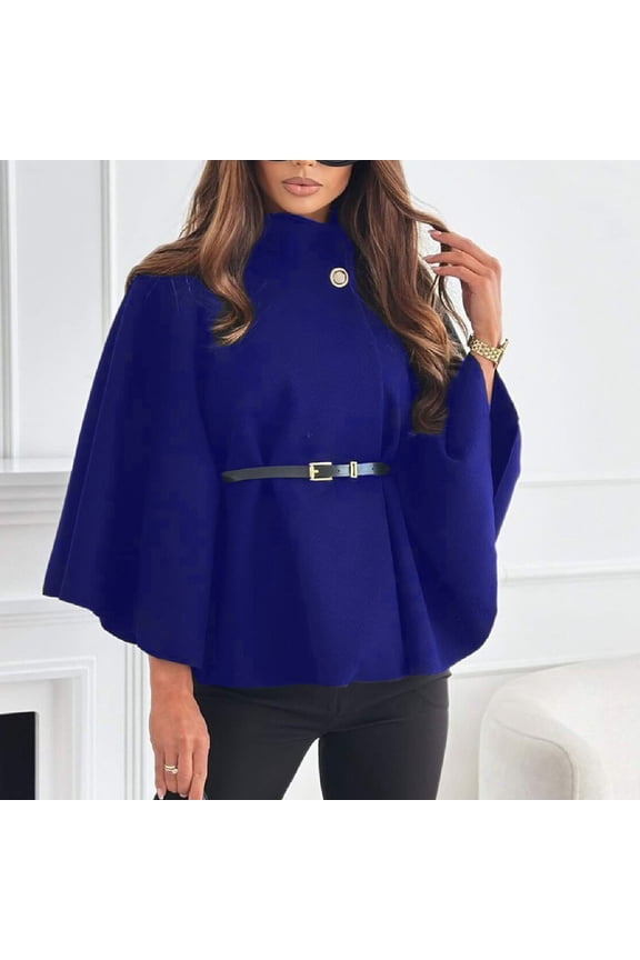 Womens Batwing Sleeve Poncho Pea Coats Oversized Belted Trendy Casual Stand Collar Cloak Cape Coats