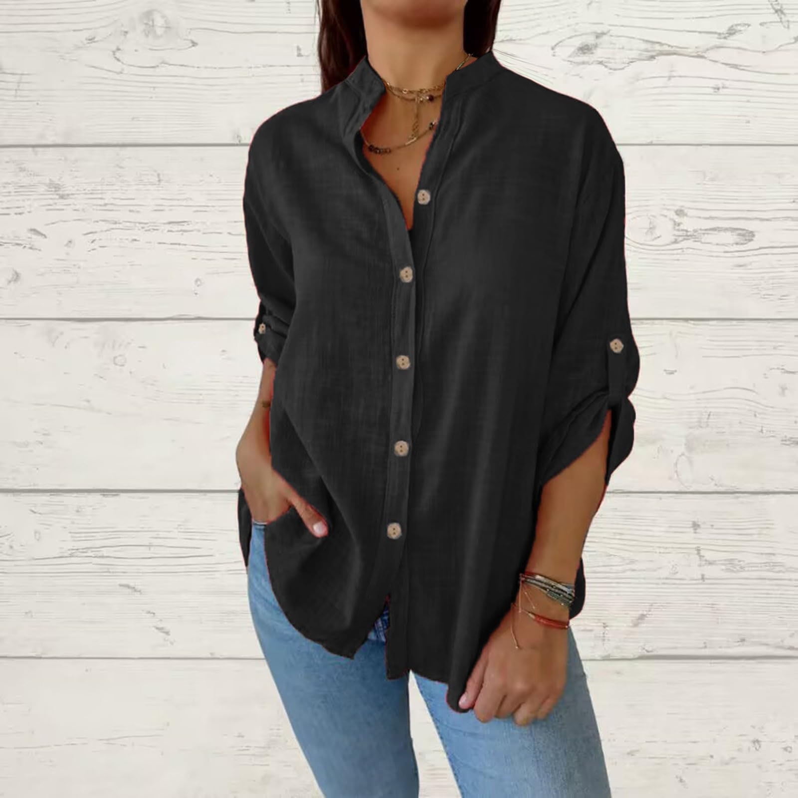 HongQid Womens Button Down Shirts Cotton Linen Dress Shirts Long Sleeve ...