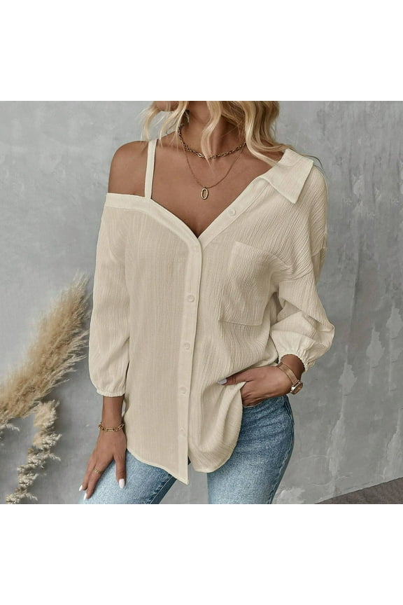 Womens Button Down Shirts Long Sleeve Cotton Gauze Tops Casual Collared Blouses Loose Fit Off Shoulder