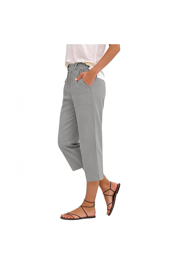 Womens Capri Pants Summer Straight Leg High Waisted Pants Work Dress Pants Dressy Casual Knee Length Trousers with Pockets