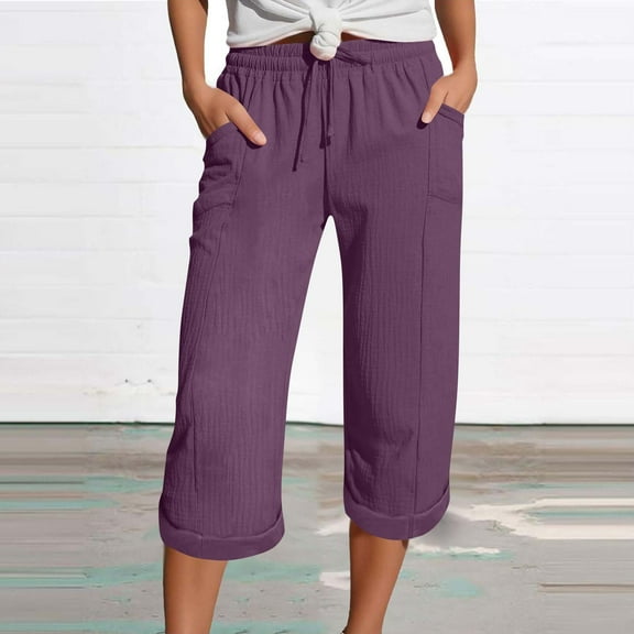 HongQid Womens Capri Pants Wide Leg Elastic Waist Casual Business Pants Loose Work Lounge Trousers with Pockets