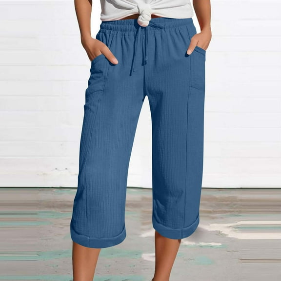 HongQid Womens Capri Pants Wide Leg Elastic Waist Casual Business Pants Loose Work Lounge Trousers with Pockets